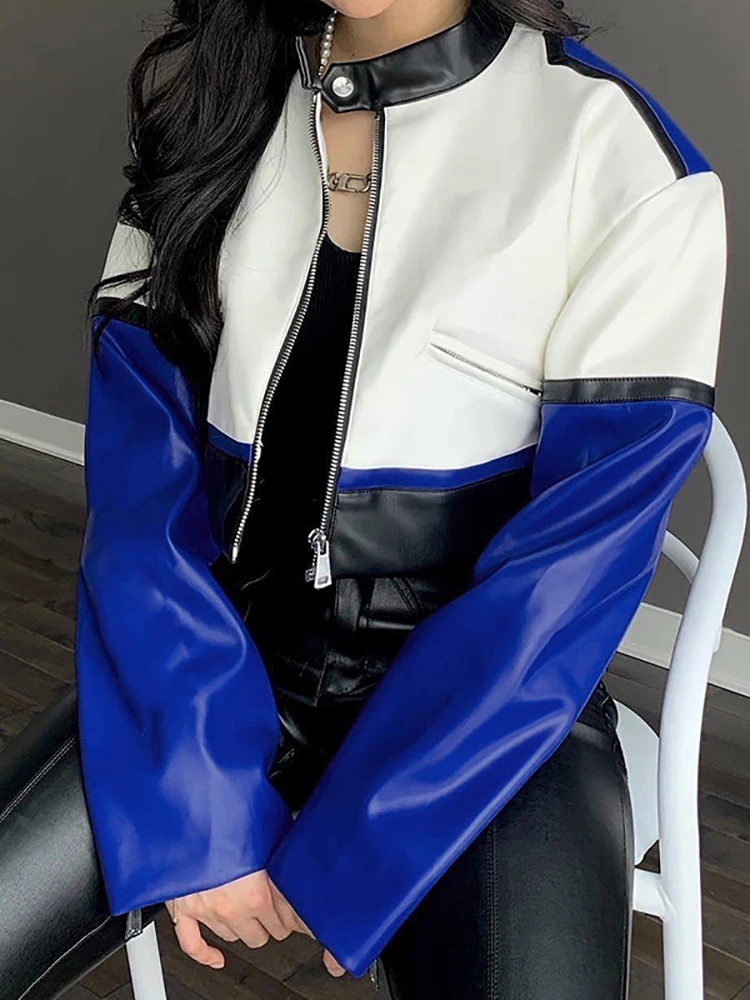

Taruxy PU Leather Jacket Women 2022 Autumn Winter Patchwork Motorcycle Jackets Coats Y2K Stand Collar Contrast High Street Coat
