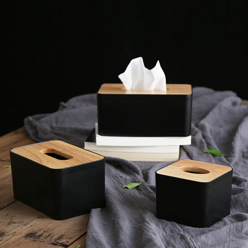 

Nordic Black Color Tissue Containers with Phone Holder Wood Cover Seat Type Roll Paper Tissue Canister Cotton Pads Storage Box