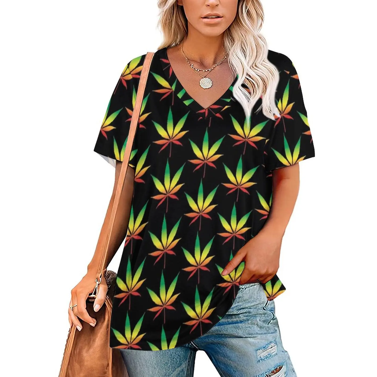 

Colorful Weed Print T Shirt Cannabis Marijuana Leaf Casual Graphic Woman Funny T-Shirt Large Size V Neck Tshirt