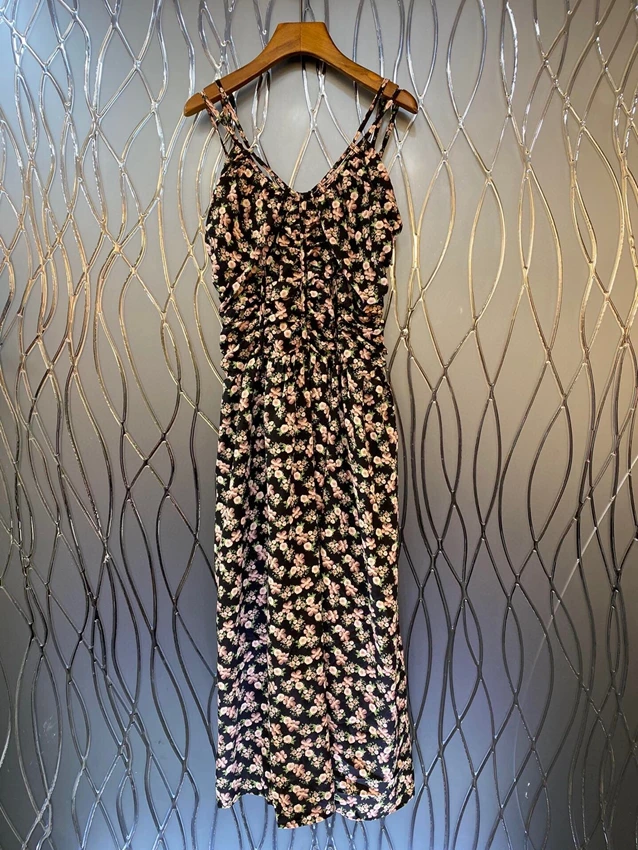 2023 new women fashion sleeveless V-neck suspender print pleated slim floral dress dress 0423