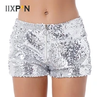 women shiny sequin shorts high waist zipper bodycon shorts pants with pocket clubwear pole dance raves party performance costume