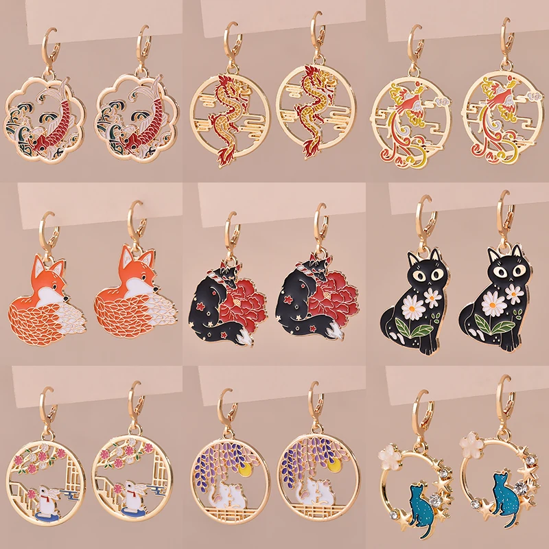 Colorful Aesthetic Animal Cat Rabbit Koi Dragon Earrings For Women Girls Enameled Delicate Gold Color Hoop Earrings Jewelry Gift