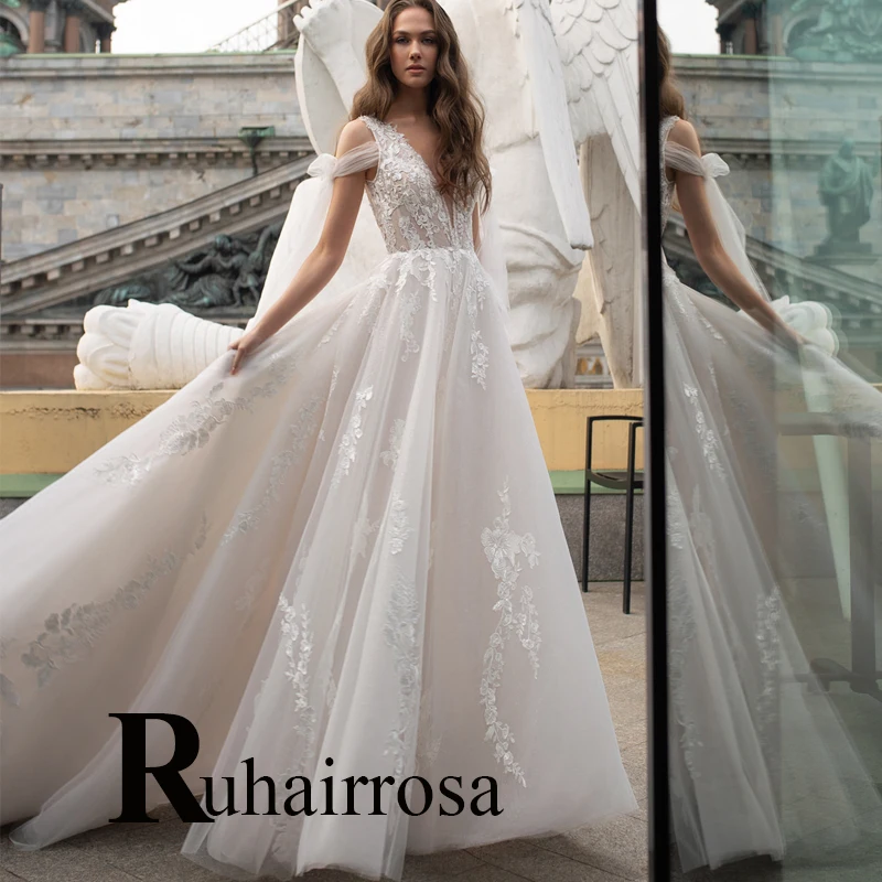 

Ruhair Honorable V-Neck Bow Wedding Dresses Spaghetti Strap Tea-Length For Women Appliques Robe De Mariée Formal Brides Gown