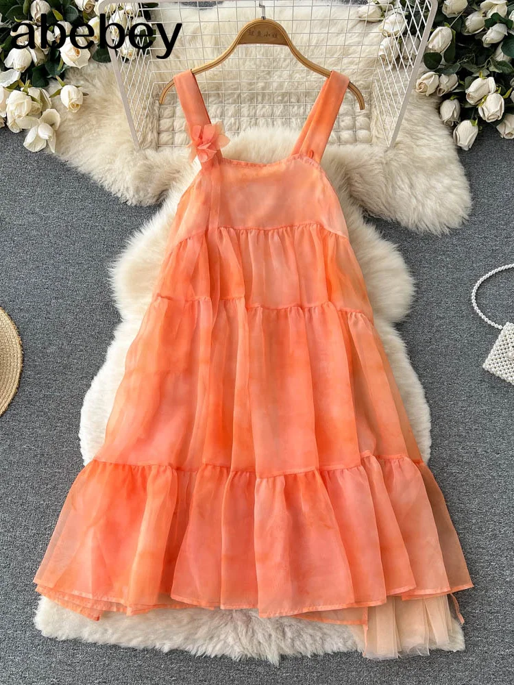 

Summer Sexy tie dye Spaghetti Strap Midi Dress Women Casual Off Shoulder Short Sleeve Vacation Beach Robe Female Clothing