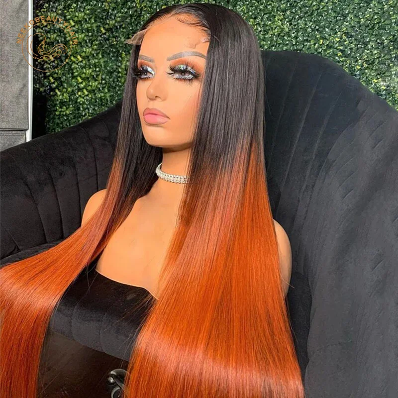 Парик фронтальный с прозрачной сеткой 2 оттенка черный оранжевый прямой 13x4 парик