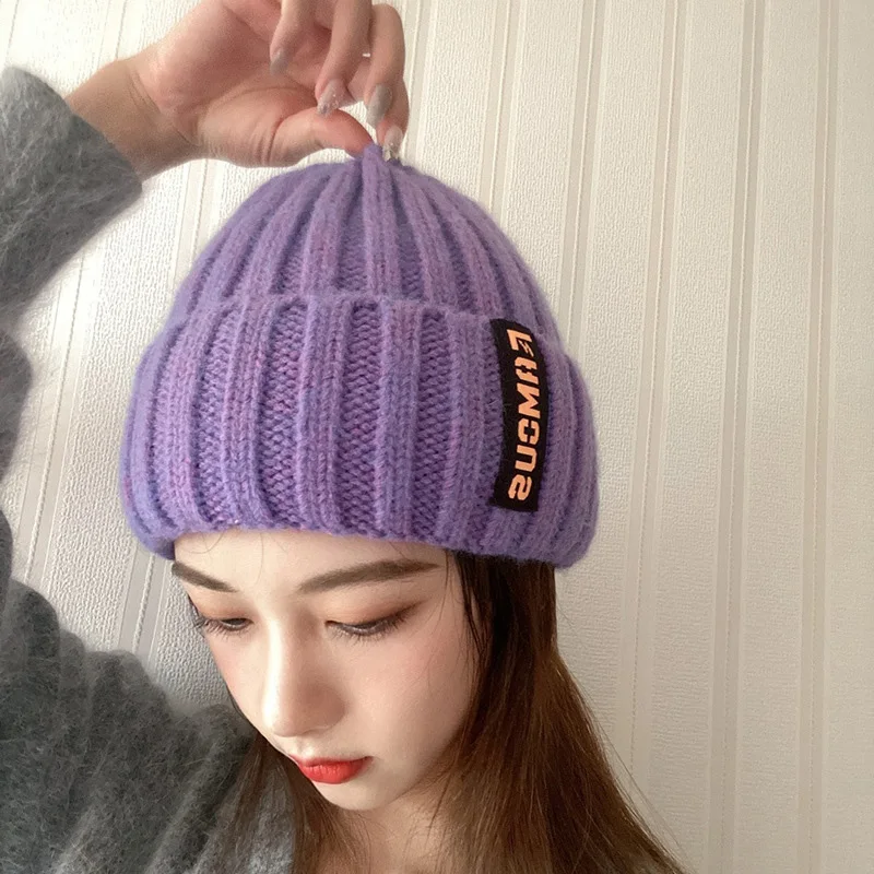 

Autumn Winter Knit Buket Hat Korean Women Fashion Warm Windproof Ear Protection Wool Cap Solid Letter Ladies Eaveless Casual Cap