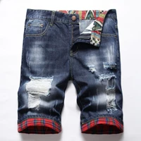 2022 summer new mens ripped short jeans streetwear hole fashion vintage blue slim denim shorts pant leg roll splicing