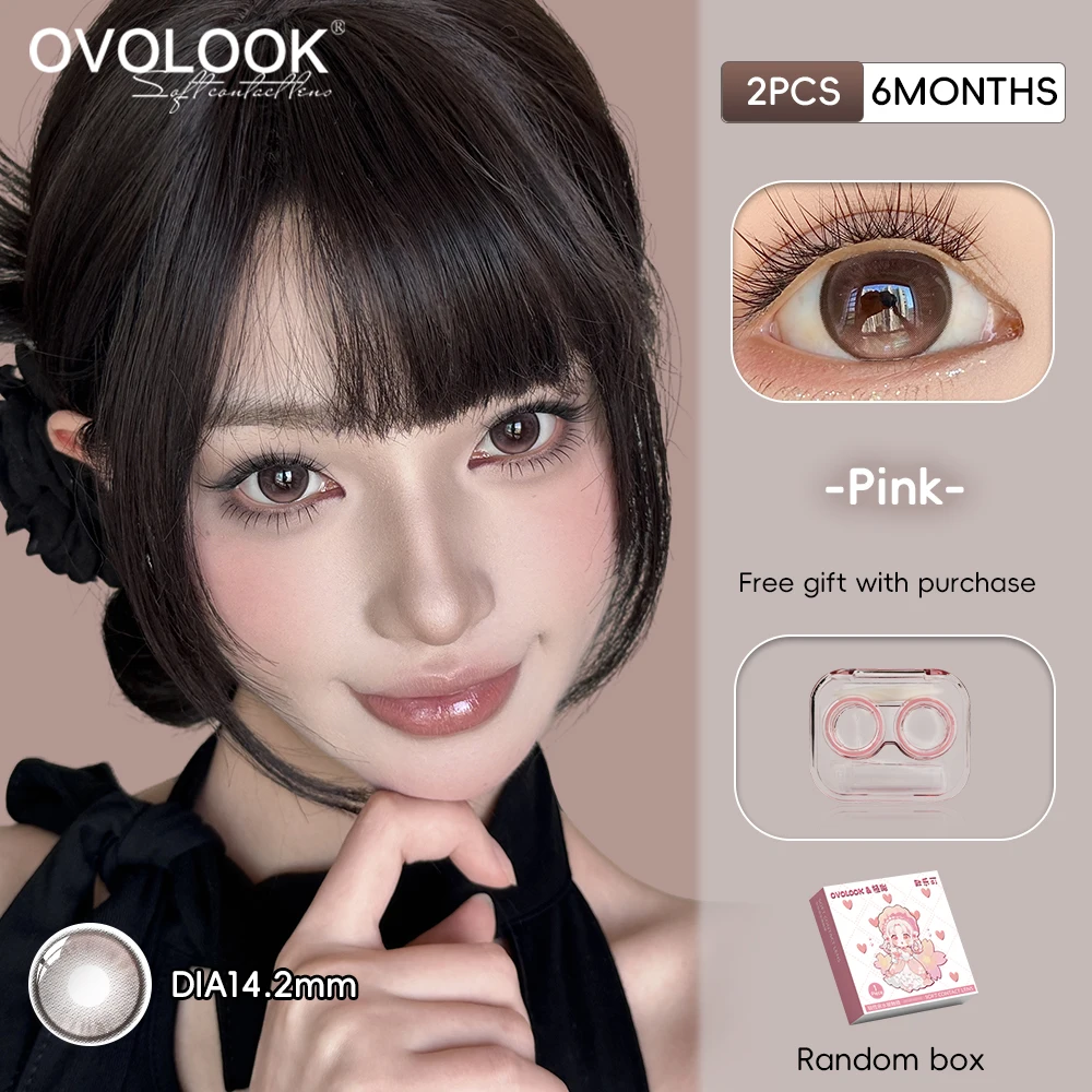 Фото Цветные контактные линзы OVOLOOK, 2 шт., для коррекции близорукости, мягкие линзы, персиково-розовые, серые, натуральные, для увеличения глаз, с бесплатным футляром для линз. №1