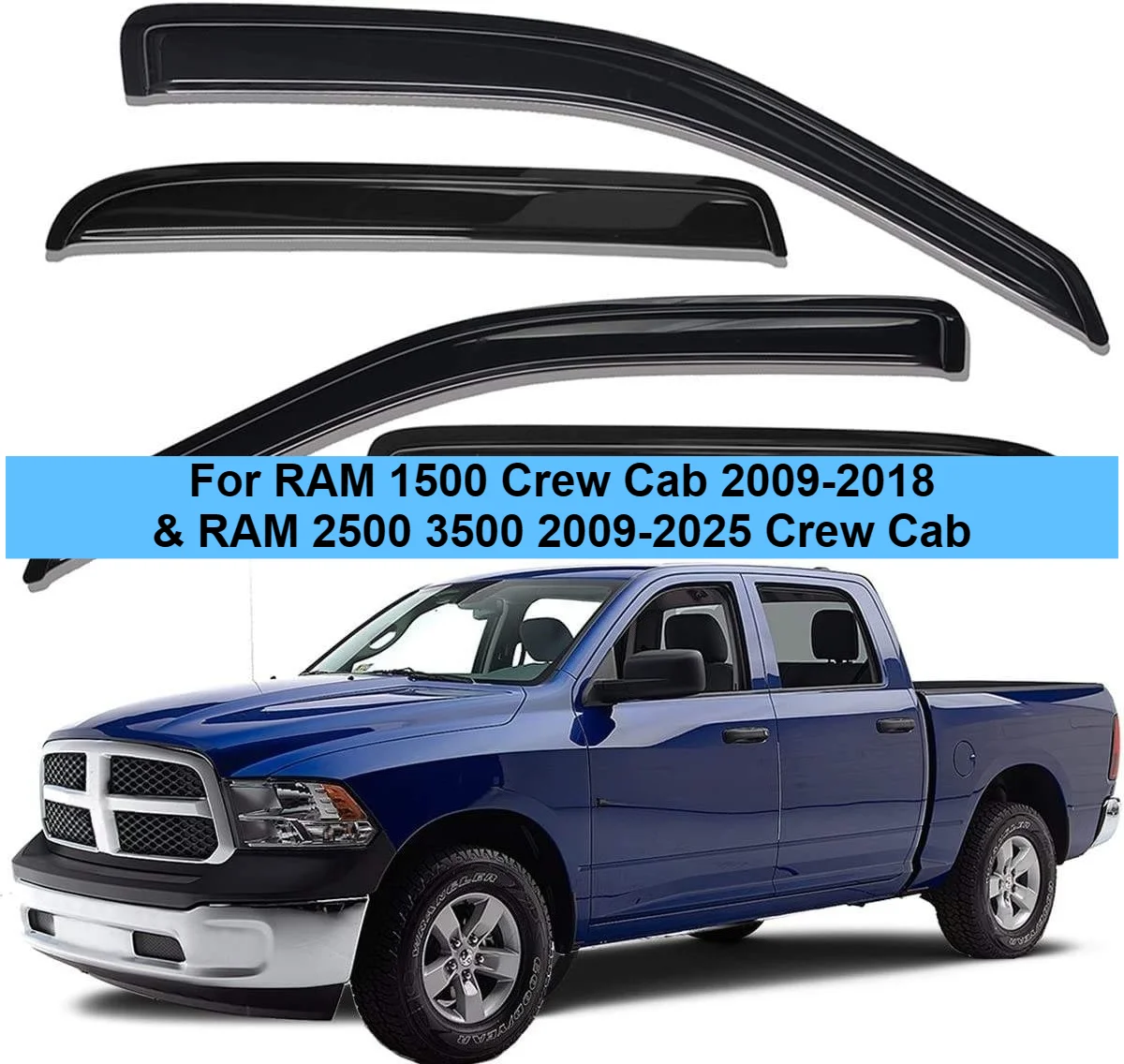 Фото Дефлекторы окон (ветровики) для Dodge RAM 1500 2500 3500 2009-2025, защита от дождя, вентиляционные козырьки на двери №1