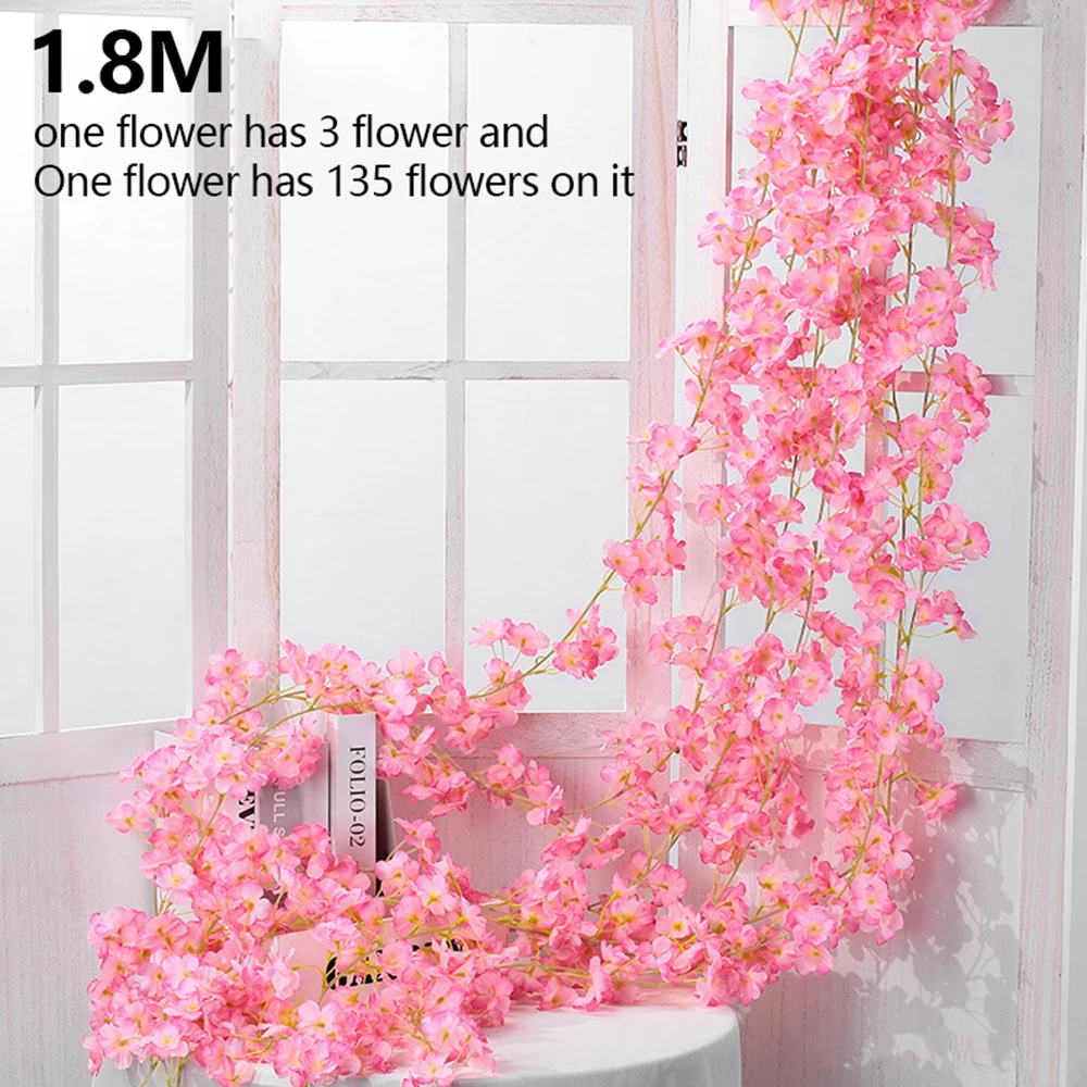 

Artificial Flowers Cherry Blossom Vine 135 Flower Head Sakura Hanging Wreath Rattan Artificial Flower Home Wedding Decoration