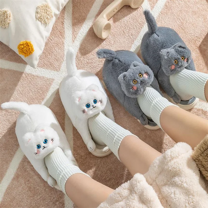 

Cute Cat Slippers for Women Men Adult Couple Winter Warm Plush Shoes Casual Home Cotton Shoes Indoor Flats Footwear 2024