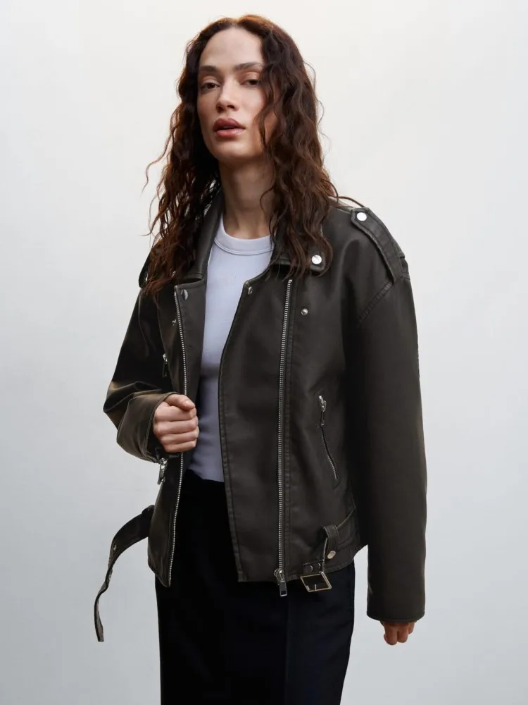 

Модная мотоциклетная куртка с отложным воротником и длинным рукавом, пальто, женская элегантная повседневная верхняя одежда на шнуровке 2023, Женская Клубная искусственная уличная одежда