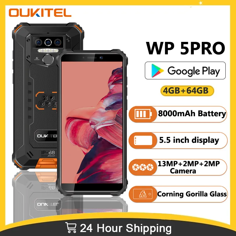 

Oukitel WP5 Pro IP68 Rugged Smartphone 4GB 64GB 8000mAh 5.5"HD+ Octa Core Android 10 Mobile Phone 13MP Triple Camera Cell Phone