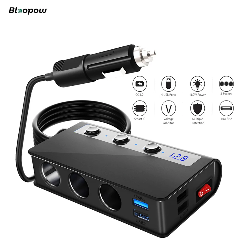

Bloopow 180W 3-port Car Cigarette Lighter Power Adapter 12V/24V 4-port USB Charging Socket with Switch For Phone IPad