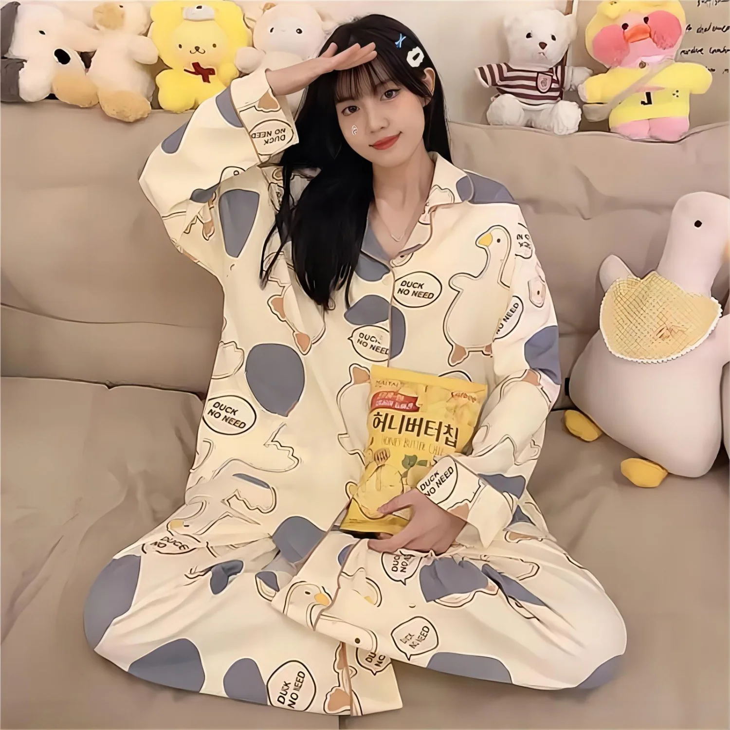 Pajamas women age paragraph cardigan 100% terylene cartoon cute long sleeve students can wear a household to take