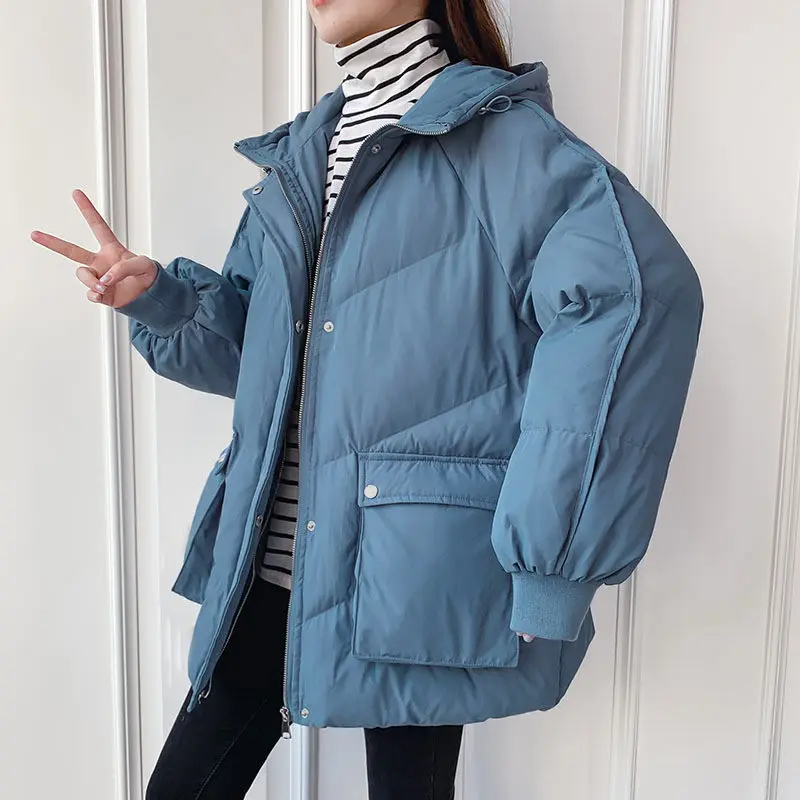 2022 new fashion big pocket down jacket women loose hooded long-sleeved padded bread coat padded women's parka