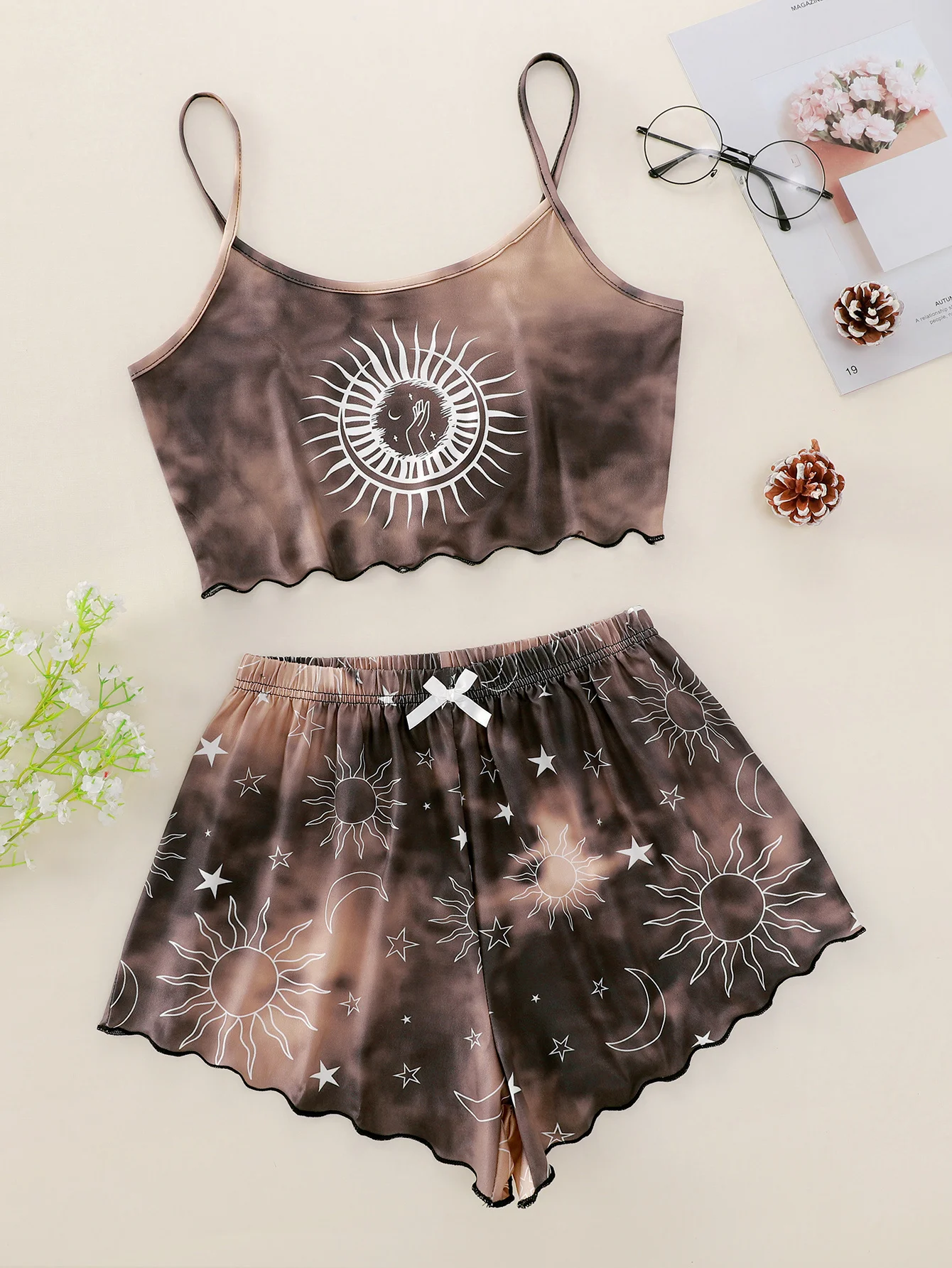 

Fashion Lady's Summer Cartoon Sun Print Camisole With Shorts Tie-dye Pajama Set Comfortable Home Wear Sleepwear Underwear