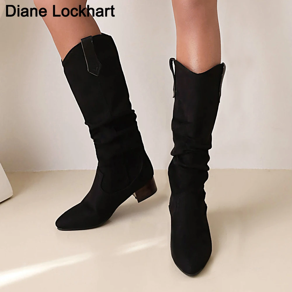 

Autumn Women Knee High Boots Female Flock Block Heels Pointed Toe Shoes Slip On Casual Pleated Boot Ladies Retro Western Cowboy