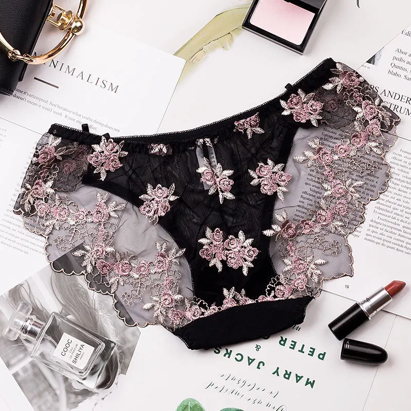

Wasteheart New Women Fashion Lace Embroidery Cotton Low Waist Women Sexy Panties Underwear Lingerie Flower Briefs Perspective