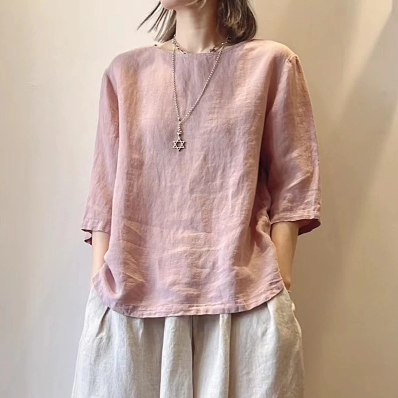 

Женский винтажный простой пуловер Johnature, рубашки в японском стиле, универсальные свободные топы сплошного цвета с рукавом три четверти для лета, 2023