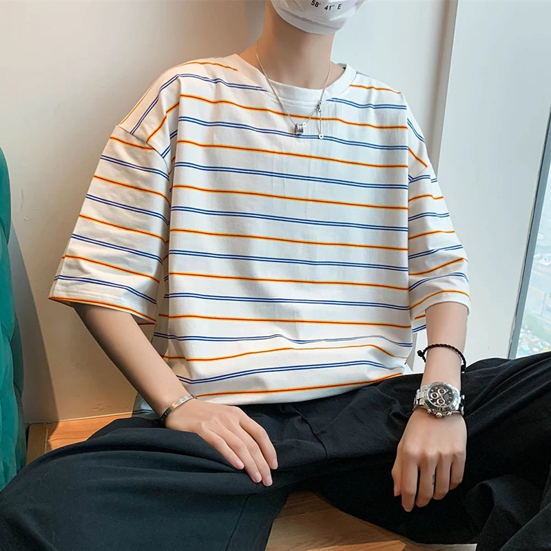 

Summer Cotton Striped Print O Neck Short Sleeve Men T Shirts Korean Fashion All-match Harajuku Casual Loose Tops Tee Streetwear