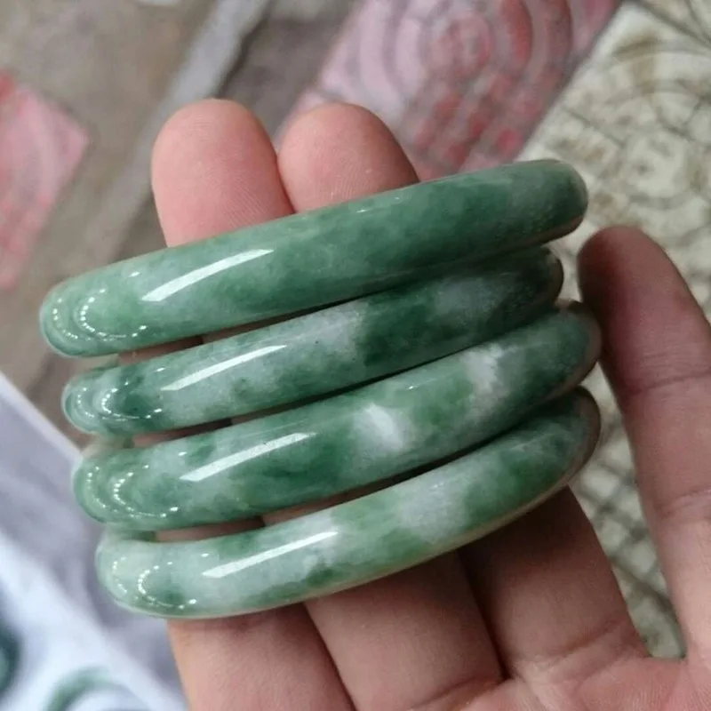 Natural Jadeite Color Hand Carved Round Jade Bracelet Fashion Boutique Jewelry Women's Light Green Floating Flower Jade Bracelet