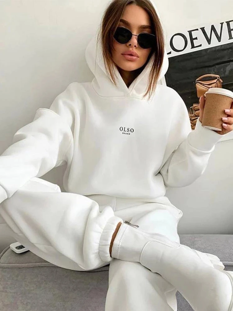 

Autumn Winter Women's Tracksuit Solid Long Sleeve Hooded Top & Elastic Waist Pant 2 Piece Set Ladies Fleece Suit Streetwear