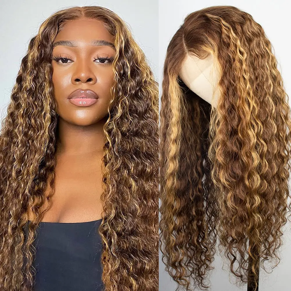 

Honey Blonde Highlight Ombre 13X4 Lace Frontal Wigs PrePlucked Brazilian Water Wave Curly Colored Human Hair Wig 4X4 Closure Wig