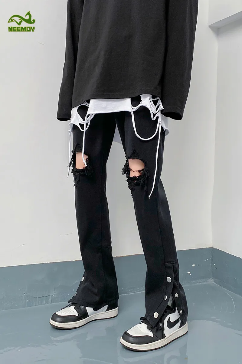Neemoy 2022 New High Street Ripped Hole Hole Jeans Slim Flared Pants Men and Women High Waisted Denim Jeans Sexy Ripped Jeans