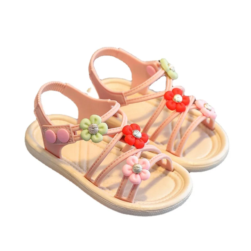 

Новинка 2023, летние сандалии для маленьких девочек, простые милые розовые и зеленые детские сандалии с цветами, мягкая повседневная школьная...