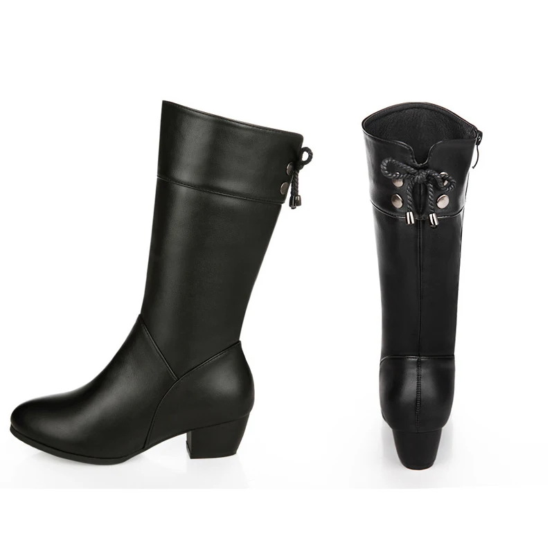 Side Zipper Women Winter Boots Warm Plush Mid-Calf Female Boots Metal Decoration Boots for Woman Square Heels Black Wedge Shoes