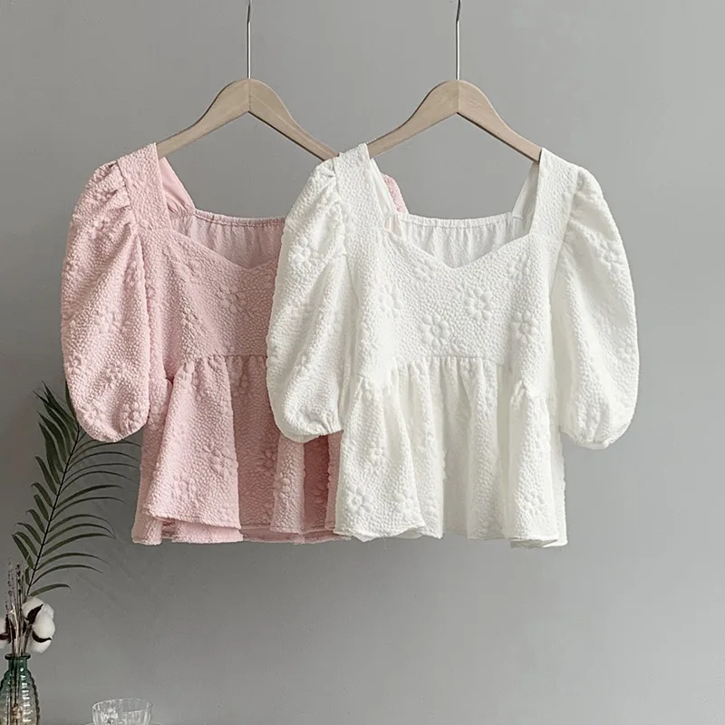 

2022 Summer Puff Sleeve Jacquard Women Shirt Sweet French Short-Sleeve Square Collar Tops Vintage Loose Blouse Blusas Female