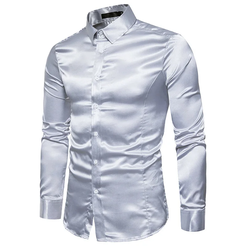 Royal Blue Silk Satin Shirt Men Luxury Brand Slim Fit Mens Dress Shirts Tuxedo Wedding Party Casual Male Casual Shirt Chemise