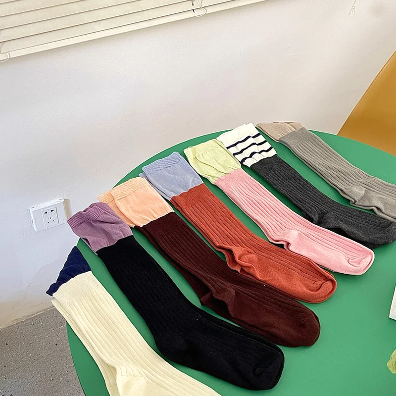 

Женские хлопковые носки до середины икры контрастных цветов, эластичные дышащие осенние удобные корейские студенческие длинные носки