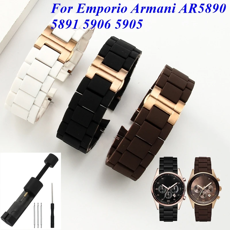 Фото Ремешок для часов Emporio Armani AR5890 5891 5906 5905, силиконовый ремешок с твердыми звеньями из нержавеющей стали, браслет 20 мм, 23 мм, мужской и женский ремешок. №3
