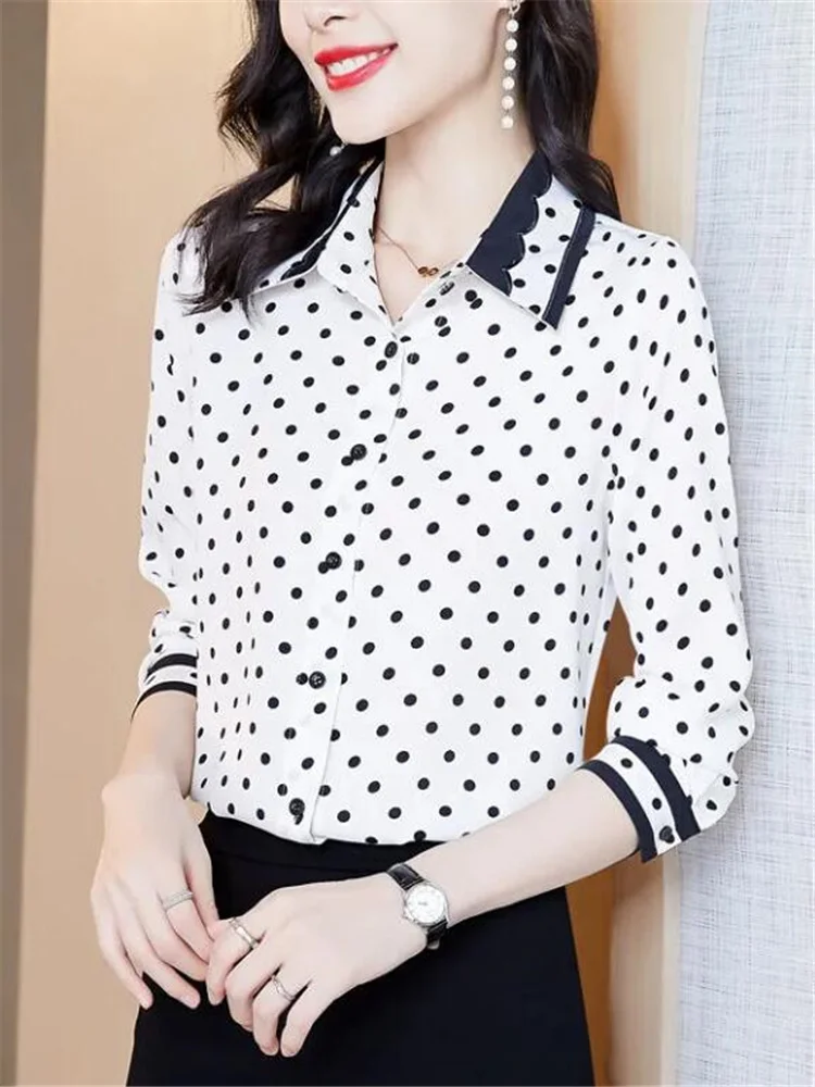 

Polka Dot Shirt Women Blouses Simulation Silk Shirt Korean Woman Blusas Lapel Long Sleeves Open Line Satin Leisure Female Shirt
