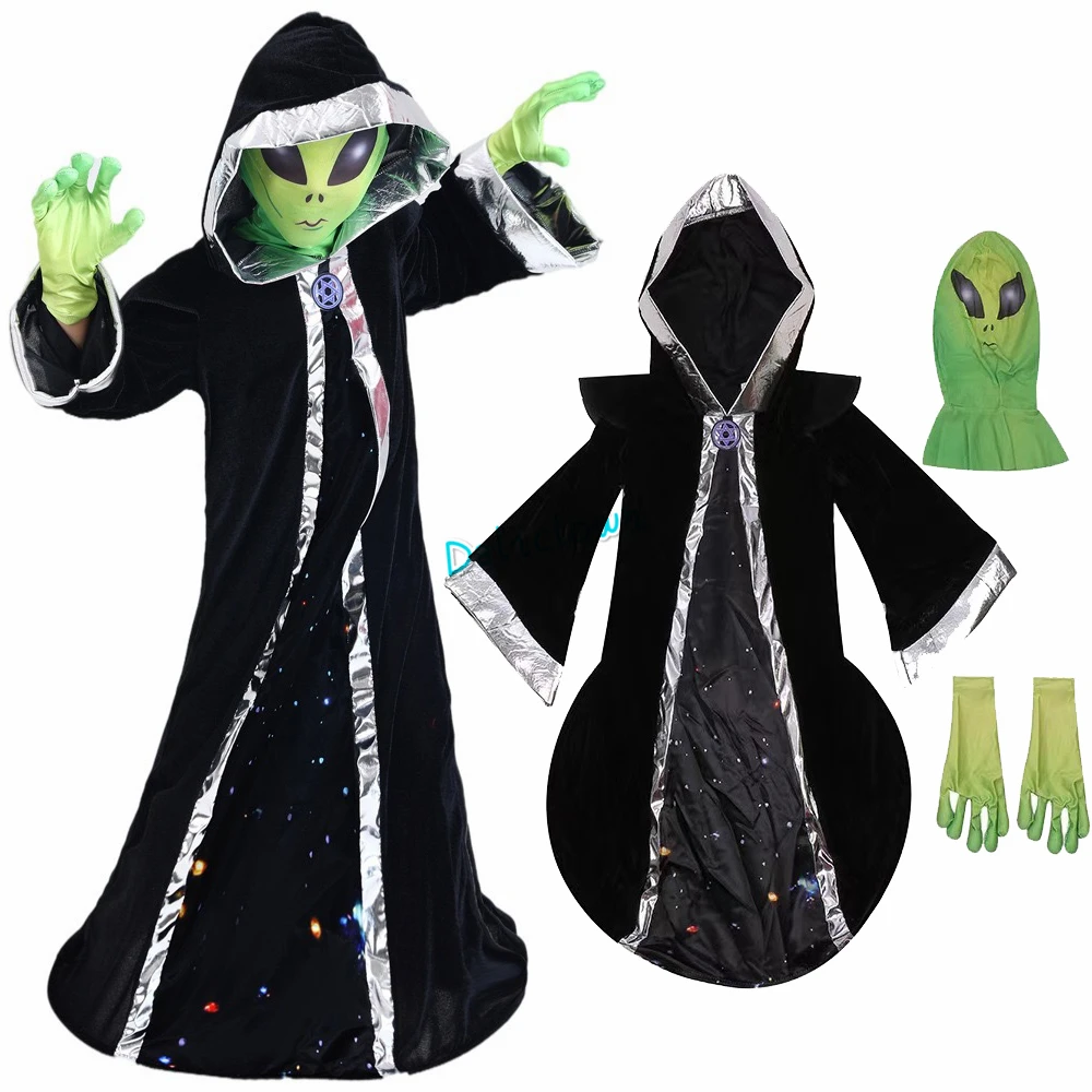 Green ET Alien Lord Costume Cosplay For Children Evil Witch Horror Scary Mask Suit Halloween Costume For Kids