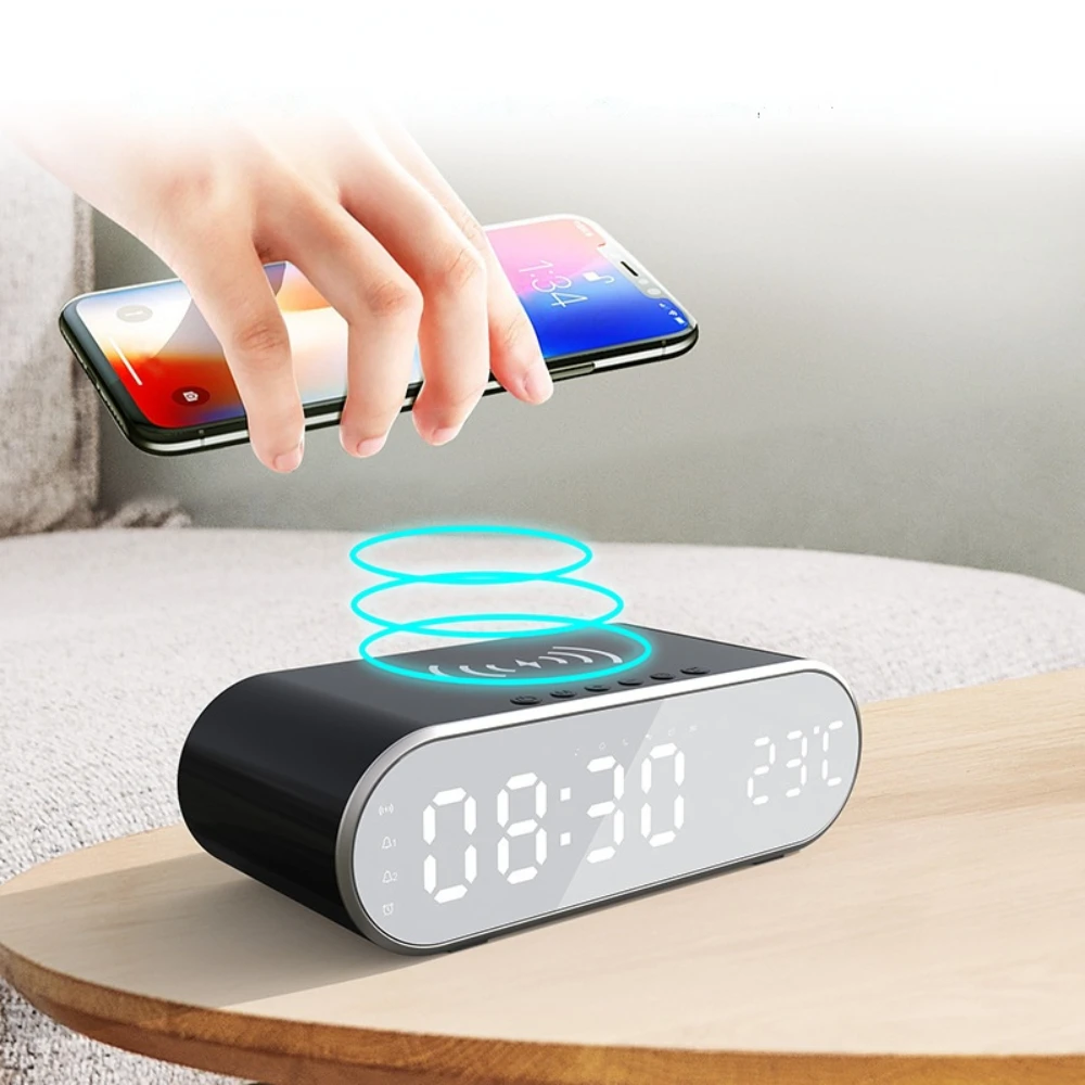 

With Electric Digital Alarm Ringtone Desktop HD Clock Thermometer Time LED Display with 15W Wireless Fast Charging Phone Charger