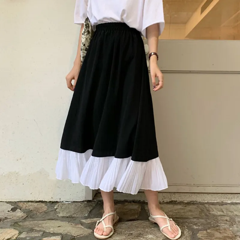 

Юбка Женская средней длины с высокой талией, модная миди-юбка в Корейском стиле, трапециевидная плиссированная юбка с оборками, белого и черного цвета в стиле пэчворк, весна-лето