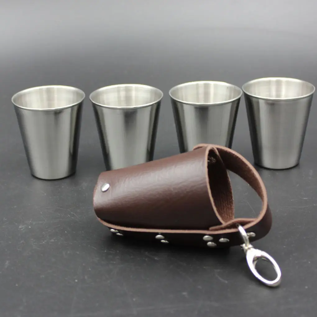 

4pcs 70ml Stainless Steel Wine Glasses Portable Beer Key Chain Outdoor Cup Camping Whiskey Travel Set