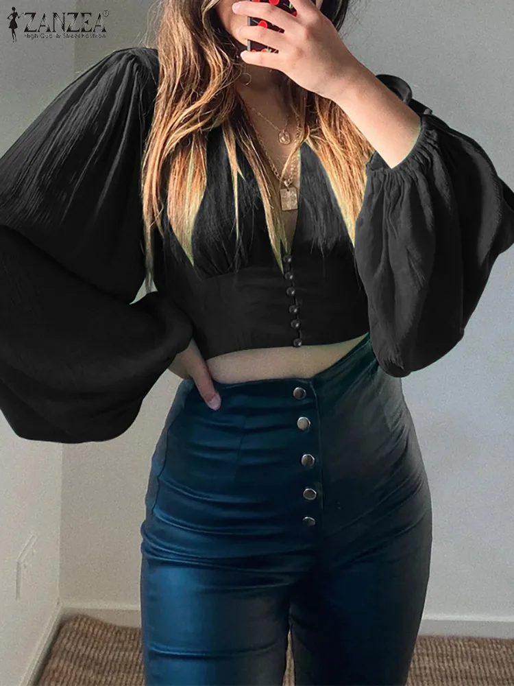 

New Fashion Woman Shirts ZANZEA 2022 Spring Summer Sexy V Neck Puff Sleeve Party Tops Tunic Fashion Office Lady Oversized Blusas