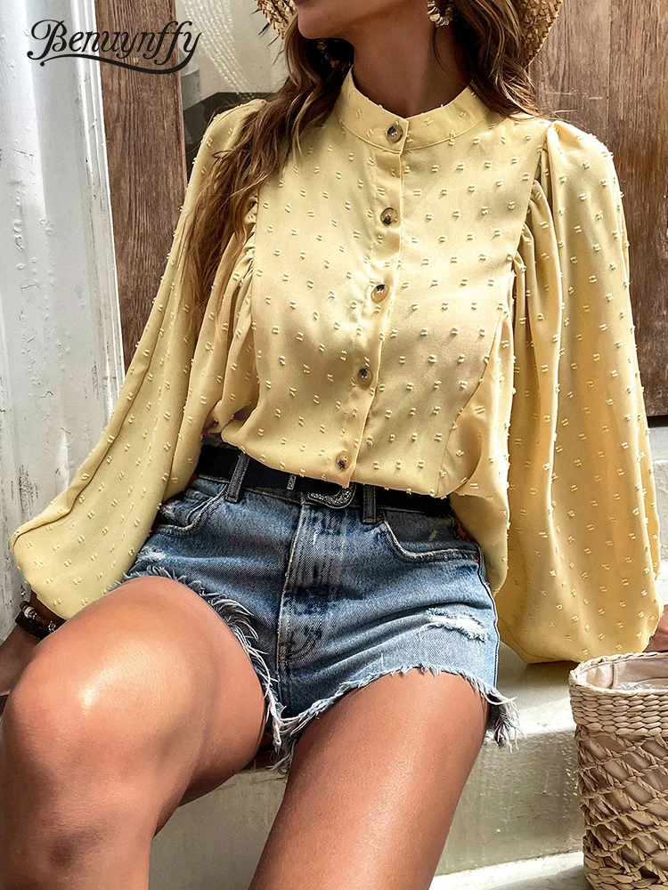 

Benuynffy Mock Neck Swiss Dot Women Blouse Shirt 2022 Spring Summer Loose Style Lantern Sleeve Button Up Ladies Tops Blouses