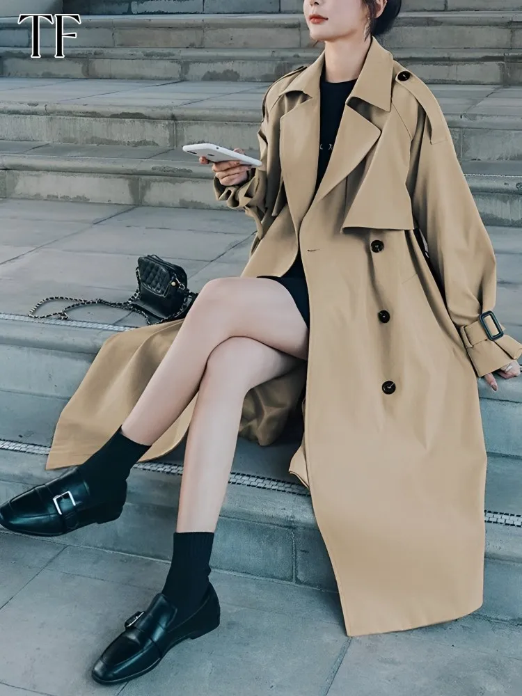 British Style Coats Double Breasted Long Khaki Trench Coat for Women Casual Loose Jackets Classic Lapel Overcoat Belt Streetwear