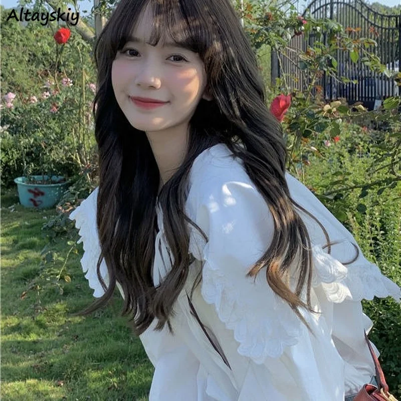 

Shirts Women Ruffles Sheer College Retro Korean Style Popular Sailor Collar Sweet Young All-match Chemise Femme Leisure Gentle