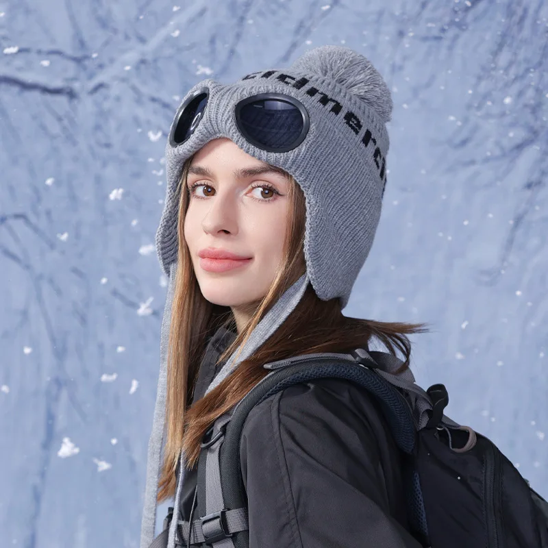 Зимняя модель для детей с очками вязаная шапка шерстяным помпоном уличная защита