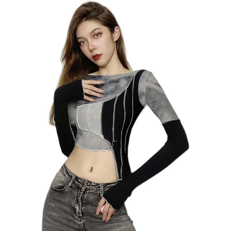 

Versatile Contrast Color Stitching Irregular Design Short Sexy Navel Women's Top round Neck T-shirt Autumn