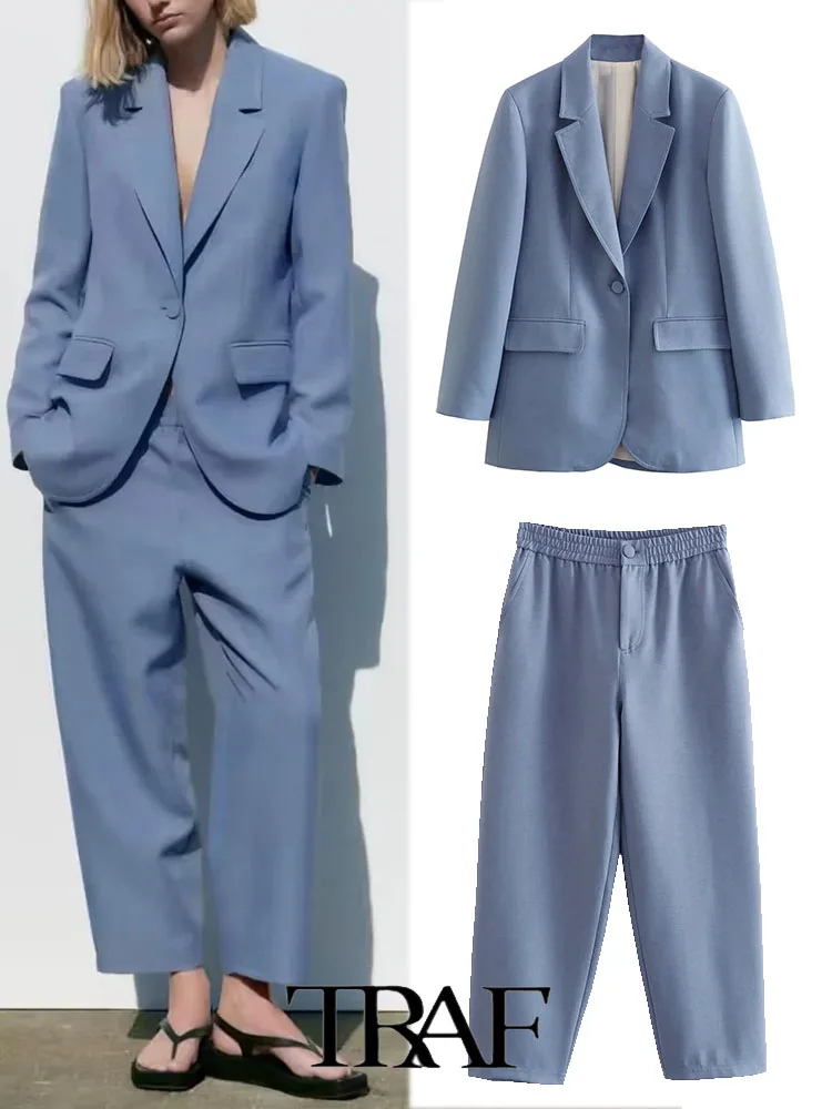 

TRAF 2023 Woman 2 Piece Set Blazer Pants Suit OL Straight Cut Casual Blazer+Elastic Straight Pants Causal Outfits