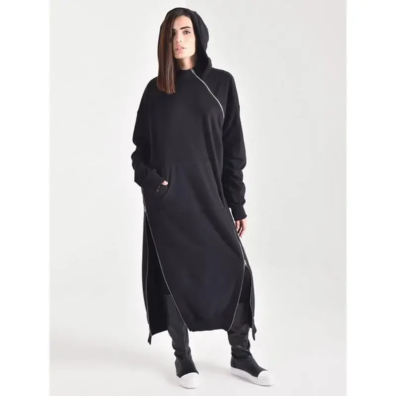 

Women's Long Sleeve Hooded Dress, Loose Fitting, Irregular, Personality, Zipper, Street Fashion, New, Autumn, Winter, 2023
