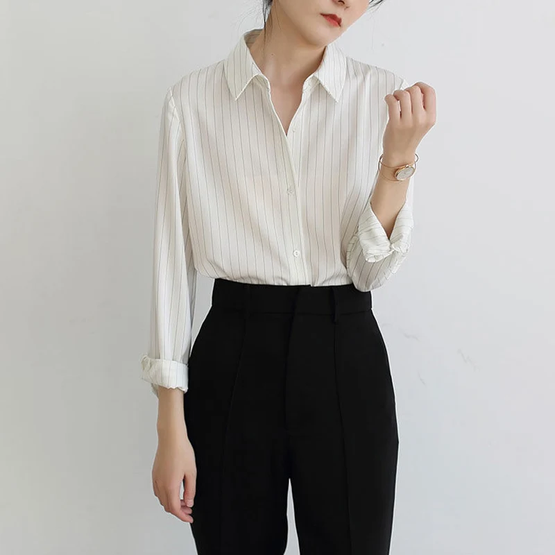 White Striped Shirt Women Simple And Stylish Commuter Long-Sleeved Elegant Temperament Office Blouses Blusas Y Camisas Tops 2022