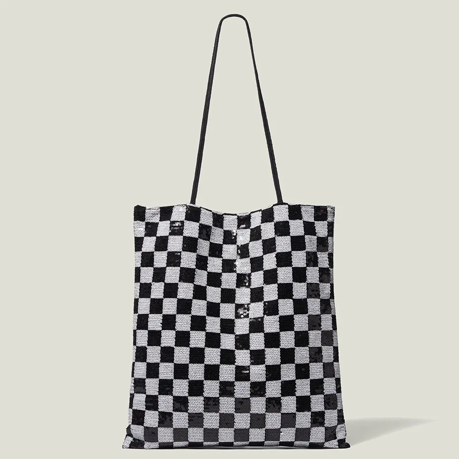 

Luxury Sequins plaid large tote women handbags designer lady shoulder bags casual shinny big shopper bag chic female purses 2022